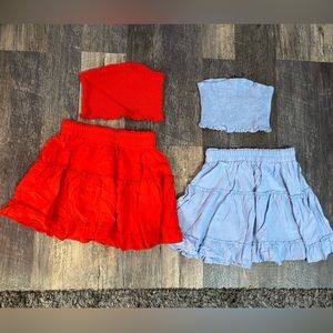 Two 2-piece skirt and tube top sets